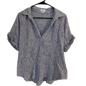 Crown & Ivy Womens Striped Crinkle Popover Top Size M Blue White Beach Coastal